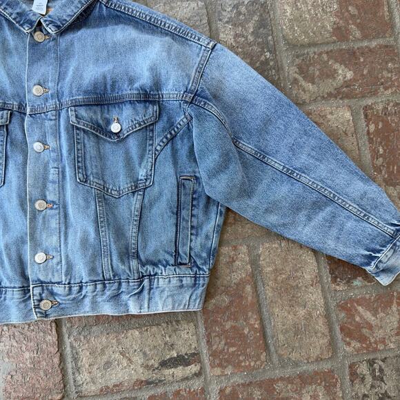 H&M & Denim Jacket Cropped Blue Size M 90s Pockets Elastic Waist - Picture 4 of 9